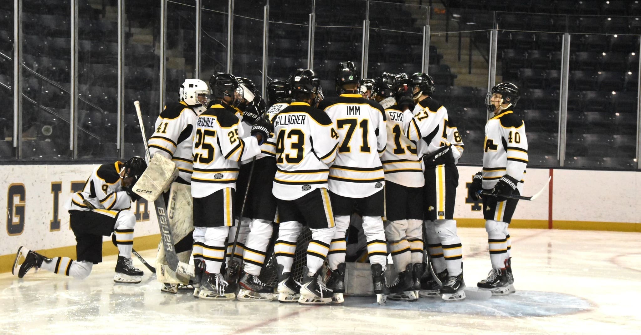 Hockey team huddle on rink in black and yellow uniforms, preparing for game.