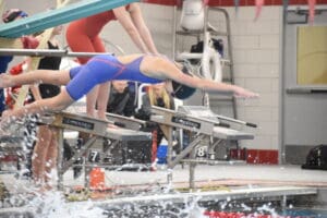 Swimmer in blue suit dives into the pool during a competitive race at an indoor swimming competition.