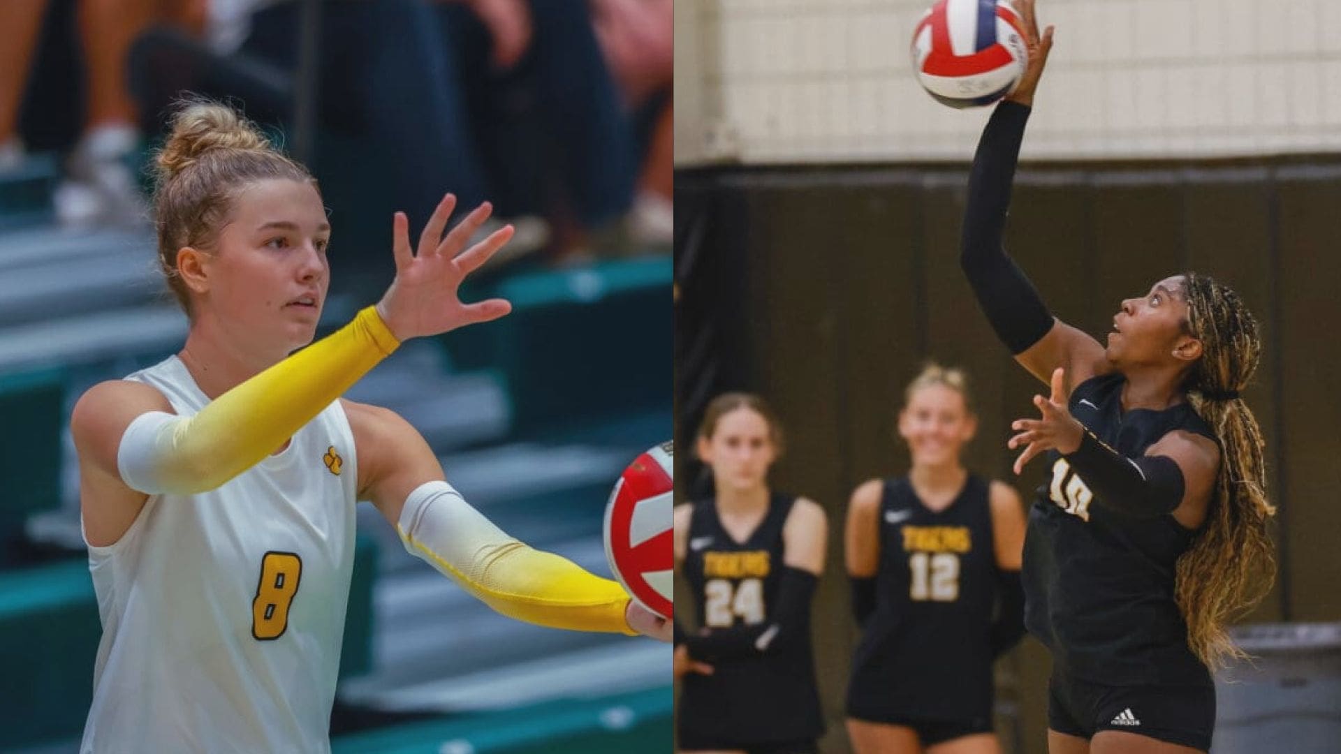 Two female volleyball players preparing to serve on the court, wearing jerseys numbered 8 and 19.
