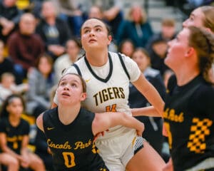 Girls basketball game action between Tigers and Lincoln Park, players intensely watching the ball.