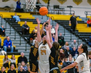 Basketball players in action during a game at a sports arena, fans watching from the stands.