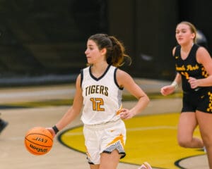 Basketball player dribbling in a game, wearing Tigers jersey number 12, focus on teamwork and motion.