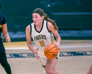 Young female basketball player dribbling on court in Tigers uniform, focused and determined.