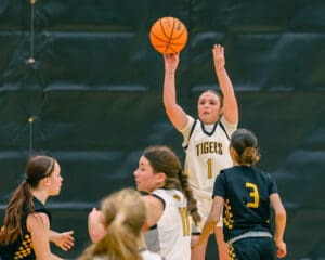 Basketball player in Tigers jersey takes a jump shot during a game, with teammates and opponents nearby.