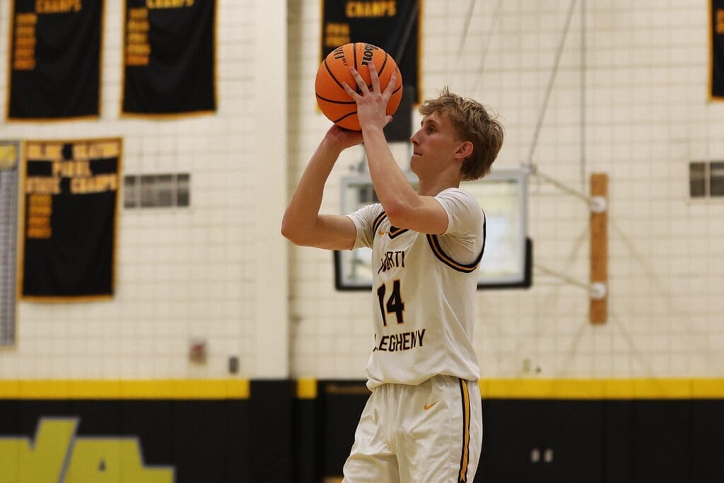Basketball player in mid-shot during a game at a gymnasium, wearing number 14 jersey.