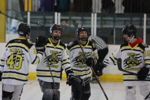 Youth hockey players in North Allegheny jerseys celebrating on the ice.