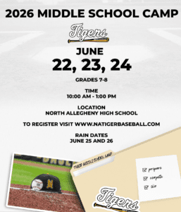 Alt text: 2026 Middle School Baseball Camp for grades 7-8 in June at North Allegheny High School.