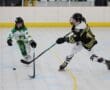 Two junior hockey players in action at an indoor roller hockey game, focusing on the puck.