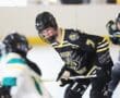 Youth ice hockey game, player in black jersey with number 7 skates towards opponent on rink.