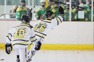 Two ice hockey players in white and black uniforms celebrating a goal on the rink.