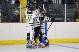 Roller hockey players celebrate goal, unified in a team embrace on the rink with cheering spectators in the background.