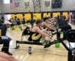 Rowers competing indoors on erg machines, with a coach observing during a school gym event.
