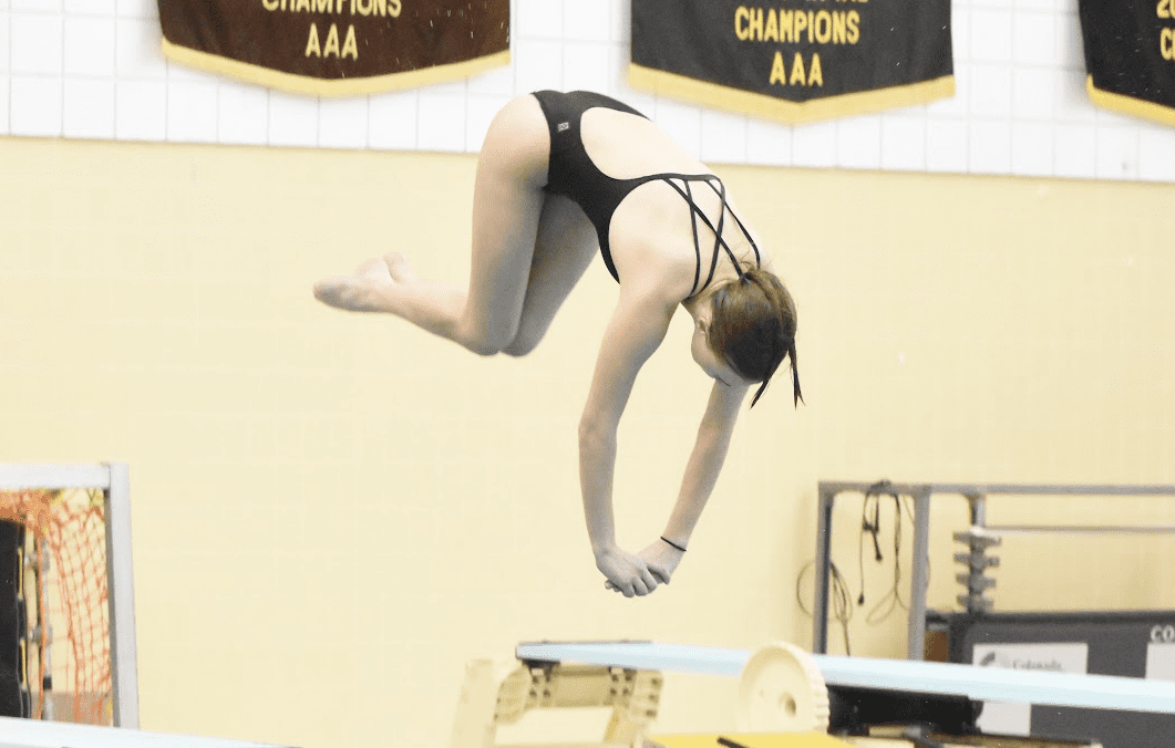 Diver mid-air performing a tuck dive at a swimming pool competition with championship banners in the background.