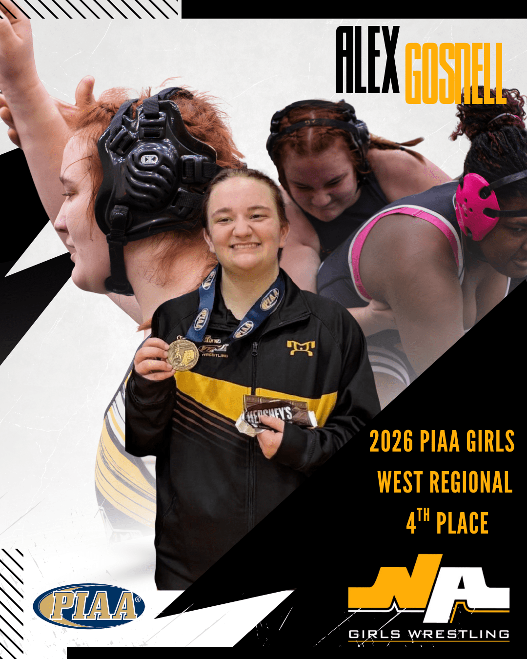 Alt text: Alex Gosnell celebrates earning 4th place in the 2026 PIAA Girls West Regional wrestling competition, holding a medal.
