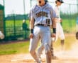 Youth baseball player celebrating at home plate, wearing a Tigers uniform, full of excitement and energy.