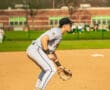 Baseball player in grey uniform crouching ready for play on the field during a sunny day.
