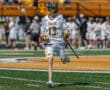 Lacrosse player in action on field, wearing a Tigers jersey and gearing up to play during a sunny game day.