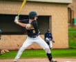 A young baseball player at bat, poised to swing, on a green field during a game. Teammates are visible in the background.