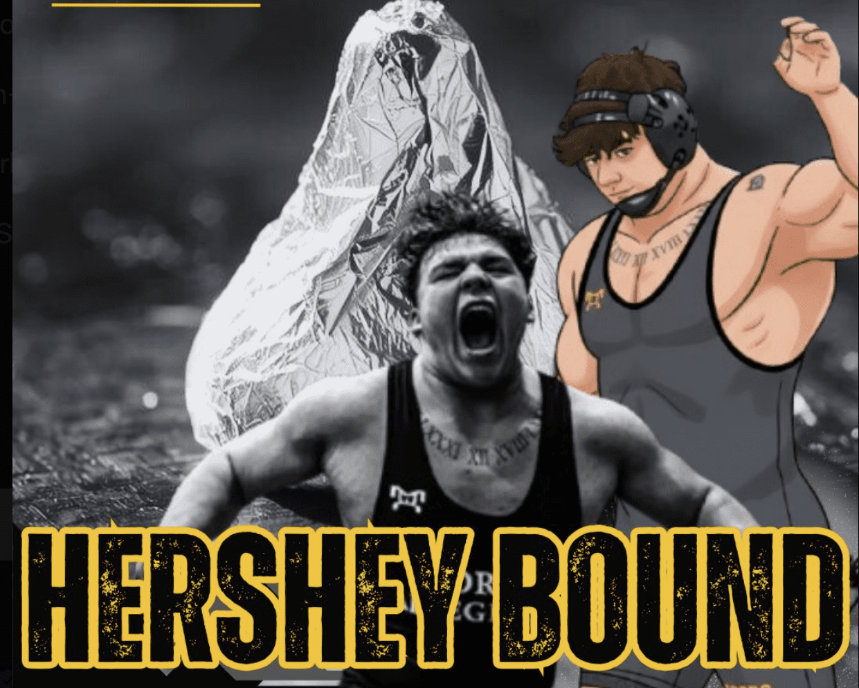 Wrestler celebrating victory, excitedly representing Hershey with a stylized graphic and a Hershey's Kiss in the background.