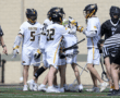 Lacrosse players in white uniforms celebrate together on the field during a game, showcasing teamwork and excitement.