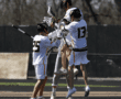Lacrosse players celebrating a goal on the field, showcasing teamwork and athleticism during a match.