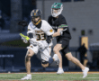 Lacrosse players in action: one in a white Tigers jersey dodging an opponent in black on a turf field.