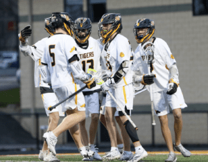 High school lacrosse team celebrating a goal, wearing white jerseys with tiger logos on a field during a match.
