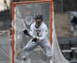 Lacrosse goalie in action, wearing a Tigers uniform, ready to defend the goal on an outdoor field.
