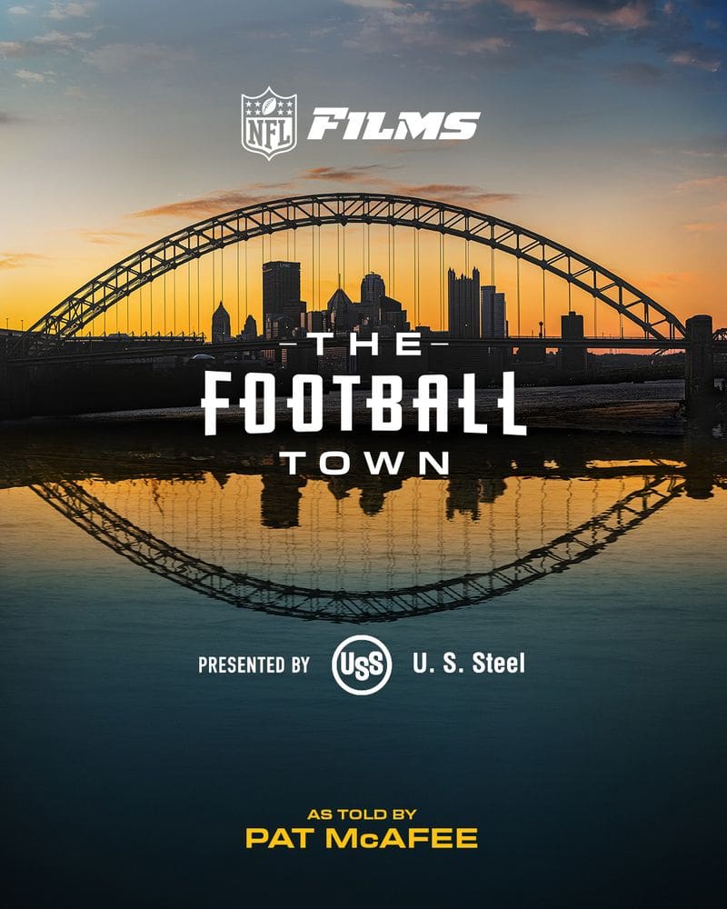 NFL Films presents The Football Town with a sunset view of a city bridge, narrated by Pat McAfee. U.S. Steel sponsor.