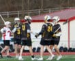 Lacrosse team players celebrating a play, showcasing teamwork and sportsmanship on the field.