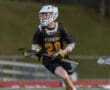 Lacrosse player in action, wearing a Tigers jersey, dribbling a stick on a vibrant field during a game.