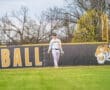 Baseball player in striped uniform walks on field with “Tigers” and “Baseball” signage in background.