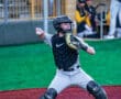 A young baseball catcher in gear prepares to throw a ball during a game on a green and red field.