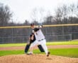 A baseball pitcher in a striped uniform winds up for a throw on a sunny day at the ballpark.