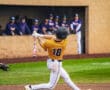 A young baseball player swings at a pitch, showcasing athleticism on the field with teammates in the background.