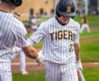 Baseball players in striped uniforms shake hands on the field, celebrating a play during a game.