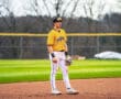 Player in a yellow Tigers jersey stands on the baseball diamond, ready for action during a game.