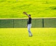 A baseball player in a black jersey prepares to catch a ball on a sunny day in a green field.