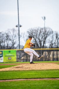 Young baseball pitcher on the mound, preparing to throw, with a grassy field and bare trees in the background.