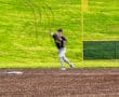 Baseball player in action, throwing a ball on a sunny day at the field, with green grass and dirt in the background.