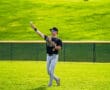 Player in baseball gear catches a ball on the field, showcasing athleticism and focus during a game.