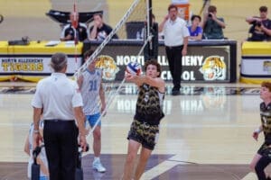 Volleyball match action: player prepares to set the ball as referee watches, with spectators and team names in the background.