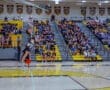 High school volleyball player jumps to spike the ball as a cheering crowd fills the gymnasium.
