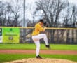 A baseball pitcher in a yellow jersey winds up on the mound during a game, with a blurred background of trees.