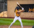 Youth baseball player at bat in a game, wearing a Tigers jersey, ready to swing on a grass field.