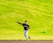 Teenage baseball player in a black jersey throwing a ball on a sunny day at a green field.