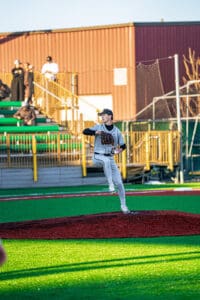 A young baseball pitcher in a gray uniform throws from the mound, with spectators in the background.