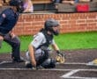 Baseball catcher in position with umpire behind, fans in background at a lively game on an artificial turf field.