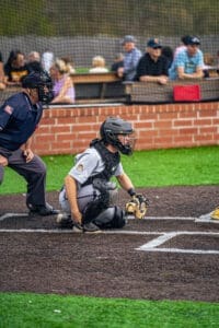 Baseball catcher in position with umpire behind, fans in background at a lively game on an artificial turf field.