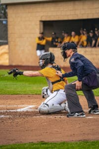 A baseball catcher prepares to receive a pitch as the umpire watches closely behind him. Team members are visible in the background.